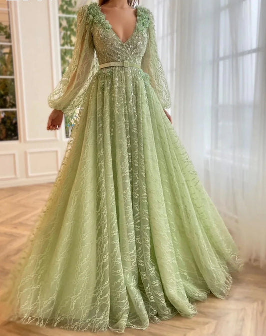 Vestido de festa com decote em V profundo e lantejoulas, apliques boêmios, manga comprida, vestido de baile brilhante, vestidos de noiva 