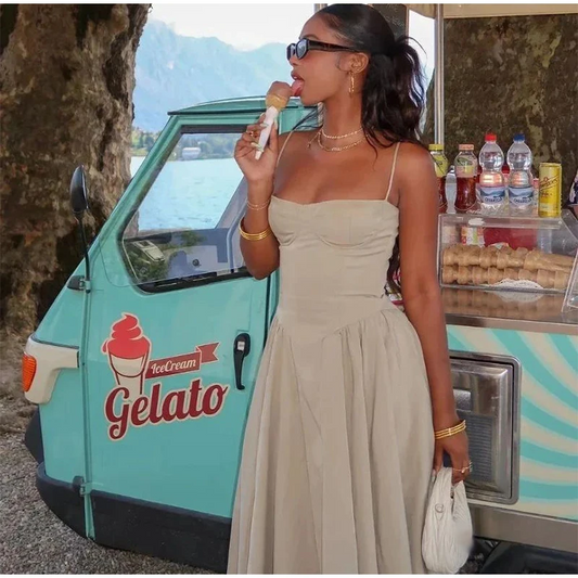 Vestido midi elegante com alças finas, sexy, costas nuas, sem mangas, bainha grande, bolsos, moda feminina, robes para festa e boate 