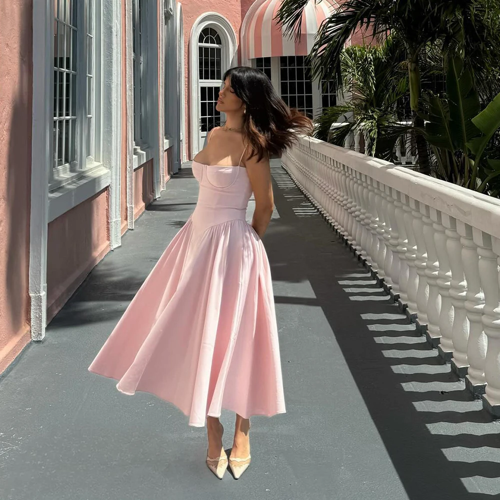 Vestido rosa de verano, recién llegado, elegante vestido midi con tirantes finos, ropa sexy para mujer 