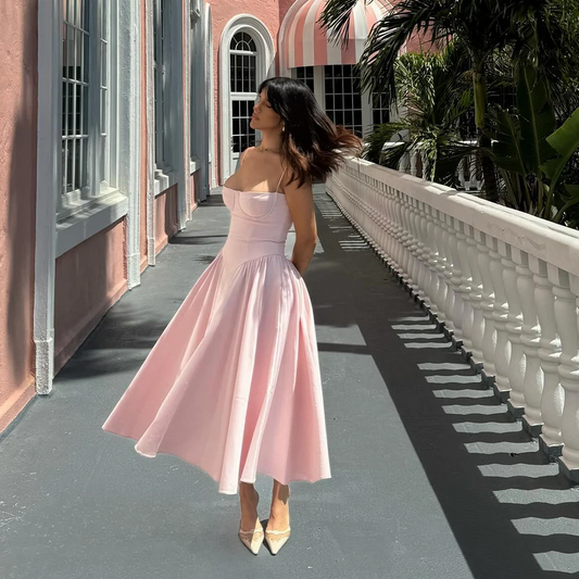 Vestido de verão rosa, novidades, alças finas, elegante, midi, vestido sexy, roupas femininas 