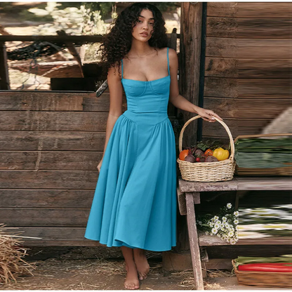 Robe mi-longue élégante à bretelles spaghetti pour femme, tenue d'été sexy, dos nu, sans manches, avec grandes poches et ourlet, à la mode, pour soirées et clubs