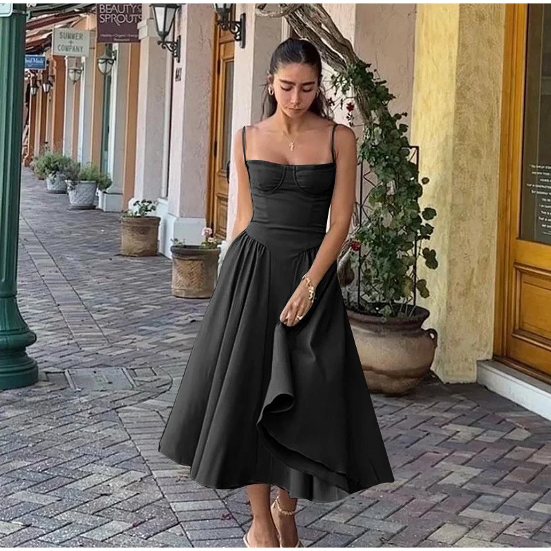 Robe mi-longue élégante à bretelles spaghetti pour femme, tenue d'été sexy, dos nu, sans manches, avec grandes poches et ourlet, à la mode, pour soirées et clubs