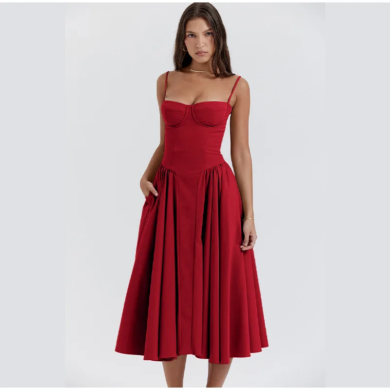 Robe mi-longue élégante à bretelles spaghetti pour femme, tenue d'été sexy, dos nu, sans manches, avec grandes poches et ourlet, à la mode, pour soirées et clubs