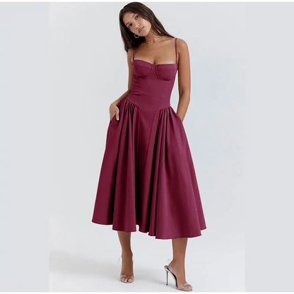 Robe mi-longue élégante à bretelles spaghetti pour femme, tenue d'été sexy, dos nu, sans manches, avec grandes poches et ourlet, à la mode, pour soirées et clubs