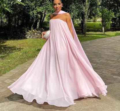 Vestido de noche sencillo rosa sin tirantes, corte A, con escote en V y abertura en la espalda, de gasa, largo hasta el suelo, para cenas y fiestas. 