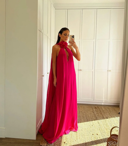 Sexy cuello Halter De gasa De seda فساتين السهرة deslumbrante fucsia Vestidos De Noche cómodo cuelga hasta el suelo vestido De fiesta 