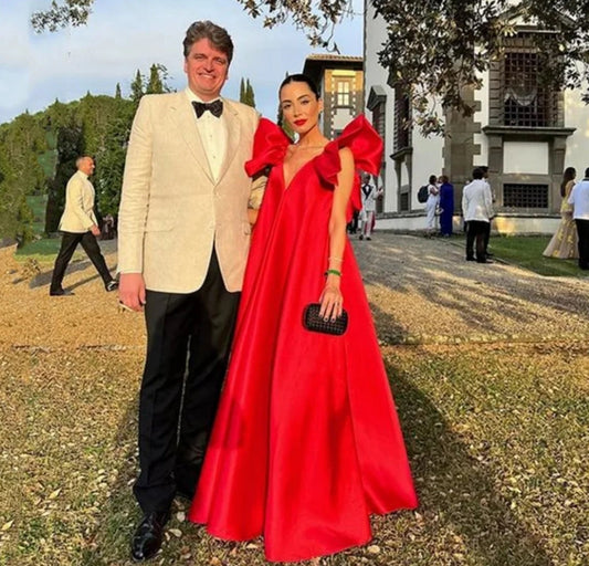 Vestido de fiesta de satén con escote en V, corte A, largo hasta el suelo, de seda roja y espalda abierta 