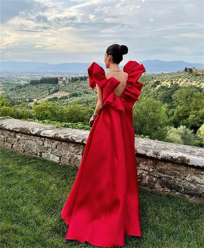 Robe de bal trapèze en soie rouge à col en V et longueur au sol, robe de bal sexy en satin à dos ouvert 