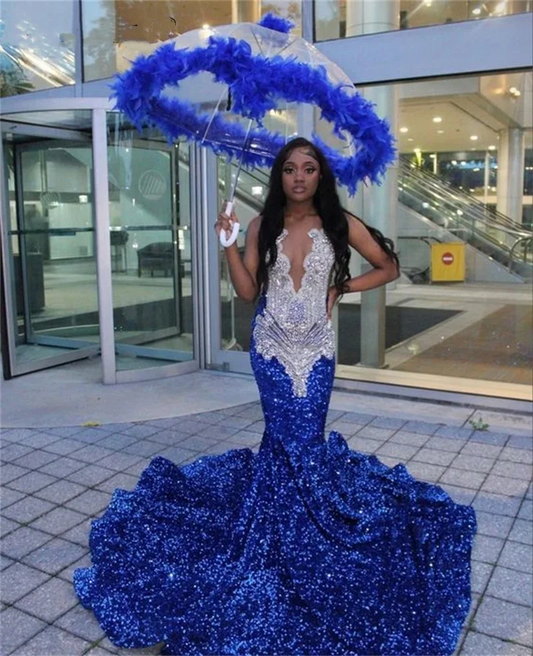 Vestido de baile azul royal com brilhantes e diamantes, miçangas, cristais, strass, lantejoulas, festa de aniversário, recepção de casamento, vestido de noite