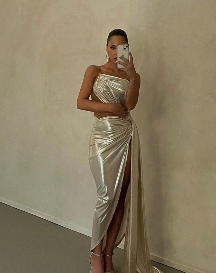 Robes de printemps pour femmes, élégantes, fines, argentées, dos nu, fines, brillantes, pour soirées, clubwear, décontractées, ajourées, pour dames 