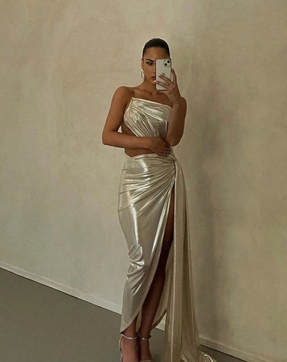 Robes de printemps pour femmes, élégantes, fines, argentées, dos nu, fines, brillantes, pour soirées, clubwear, décontractées, ajourées, pour dames 