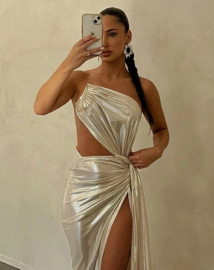 Robes de printemps pour femmes, élégantes, fines, argentées, dos nu, fines, brillantes, pour soirées, clubwear, décontractées, ajourées, pour dames 