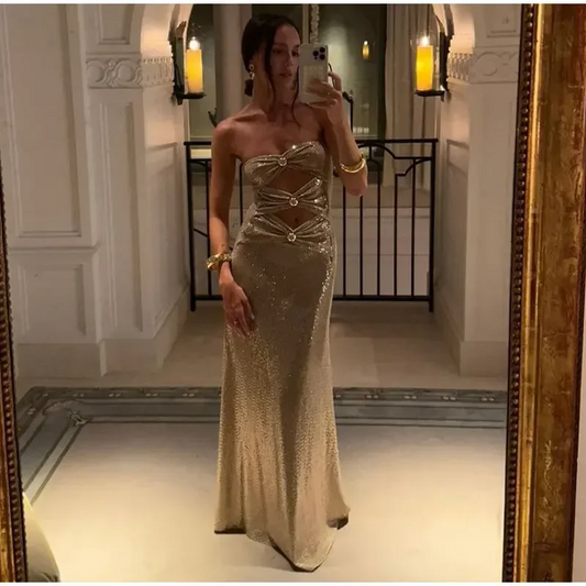 Vestido longo sensual com lantejoulas vazadas, elegante, ombro de fora, sem mangas, costas nuas, maxi robe, elegante, para festa à noite 