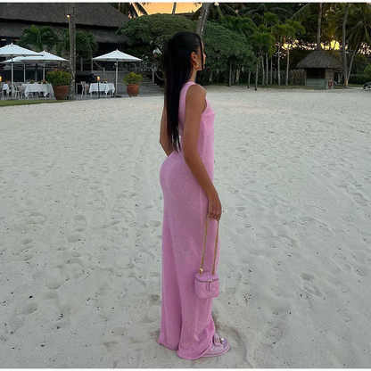 فستان نسائي أنيق محبوك بثلاثة أبعاد، مثير بفتحة رقبة على شكل حرف V، بدون أكمام، بحزام، فساتين شاطئ طويلة، أزياء صيفية، رداء نسائي نحيف 