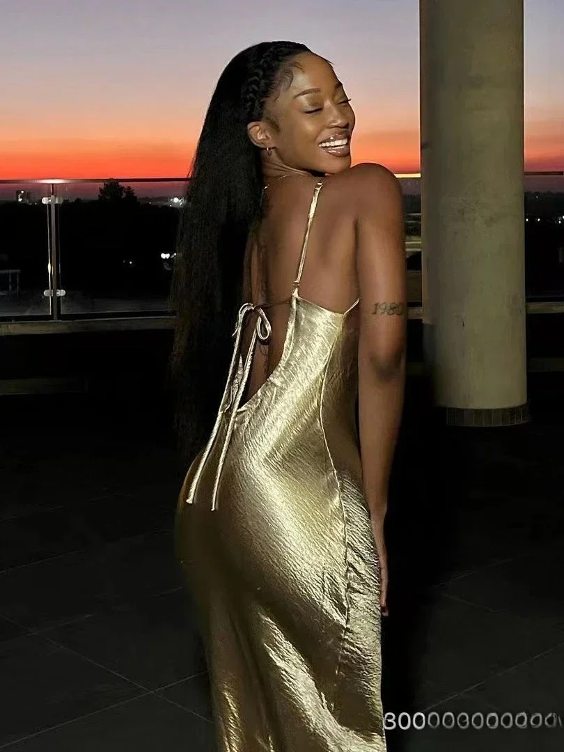 Elegante vestido largo de satén sin espalda para mujer, vestido de verano con tirantes finos, sin mangas, para fiesta en discoteca, vestido largo 