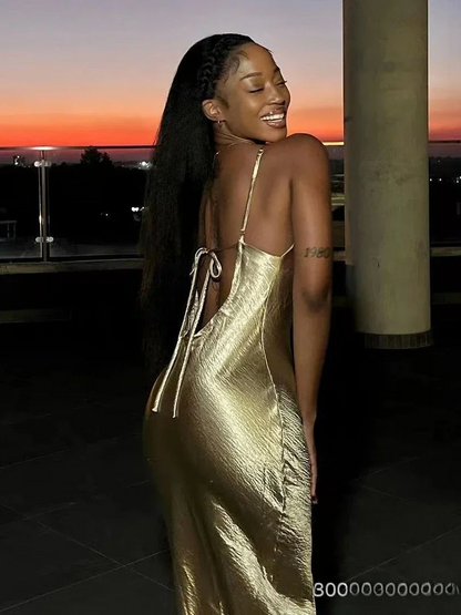 Elegante vestido largo de satén sin espalda para mujer, vestido de verano con tirantes finos, sin mangas, para fiesta en discoteca, vestido largo 