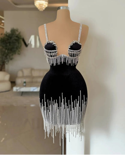 Robe de soirée en velours noir, robe de mariée fourreau à franges et cristaux, pour fête d'anniversaire 