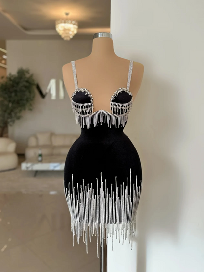 Robe de soirée en velours noir, robe de mariée fourreau à franges et cristaux, pour fête d'anniversaire 