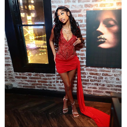 Red Sparkly Short Prom Homecoming Dresses with Side Train Luxury Diamond Crystal Birthday Party Gown