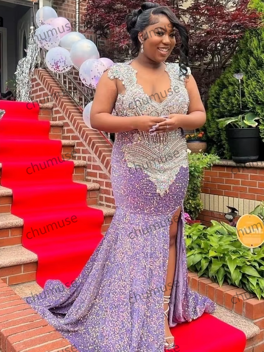 Vestido de baile roxo com lantejoulas para meninas negras, vestido de festa com fenda alta e cristais prateados 