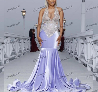 Vestido de fiesta de sirena de terciopelo lavanda brillante para chicas negras plateado 