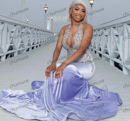 Vestido de fiesta de sirena de terciopelo lavanda brillante para chicas negras plateado 