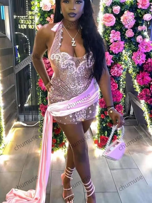 Vestido de baile com diamantes rosa brilhantes, frente única, contas brilhantes, cristal, strass, cauda lateral 