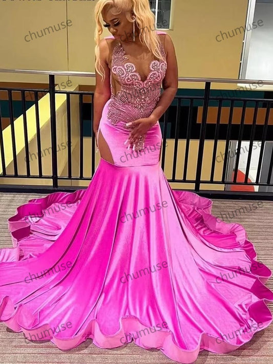 Vestidos longos de baile estilo sereia com contas de cristal rosa para meninas negras 
