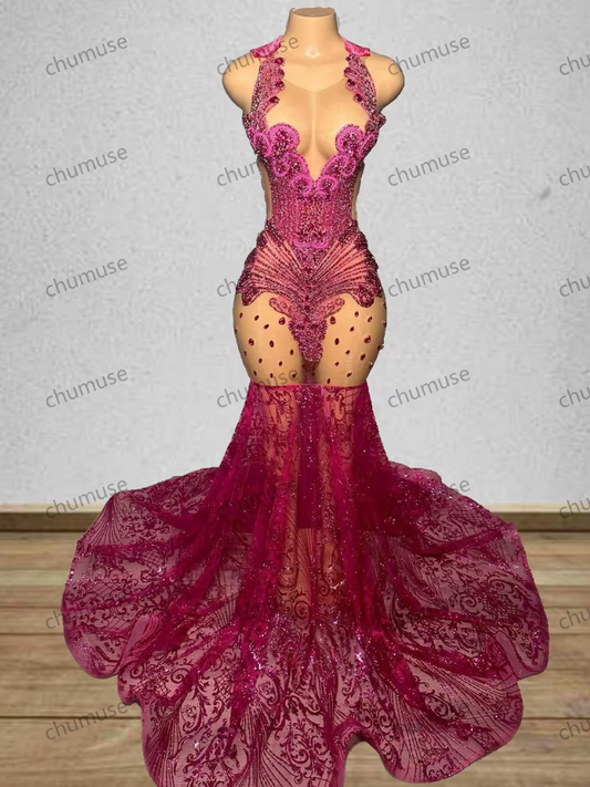 Vestidos de baile rosa choque, vestidos de festa de aniversário luxuosos para meninas negras, com diamantes e sereia 