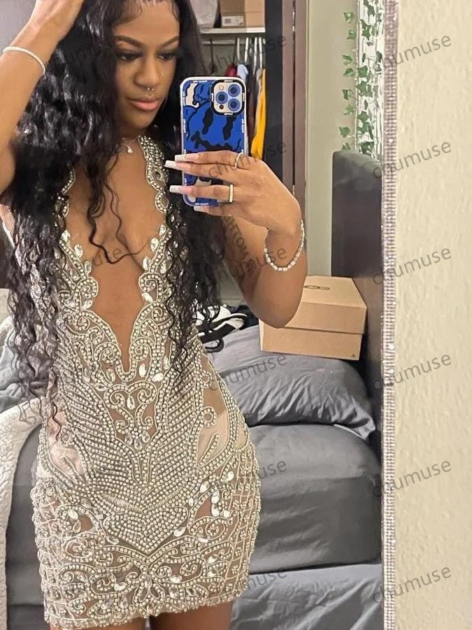 Robe de soirée sexy transparente pour femme, tenue de bal noire à col transparent et diamants, idéale pour les occasions formelles 