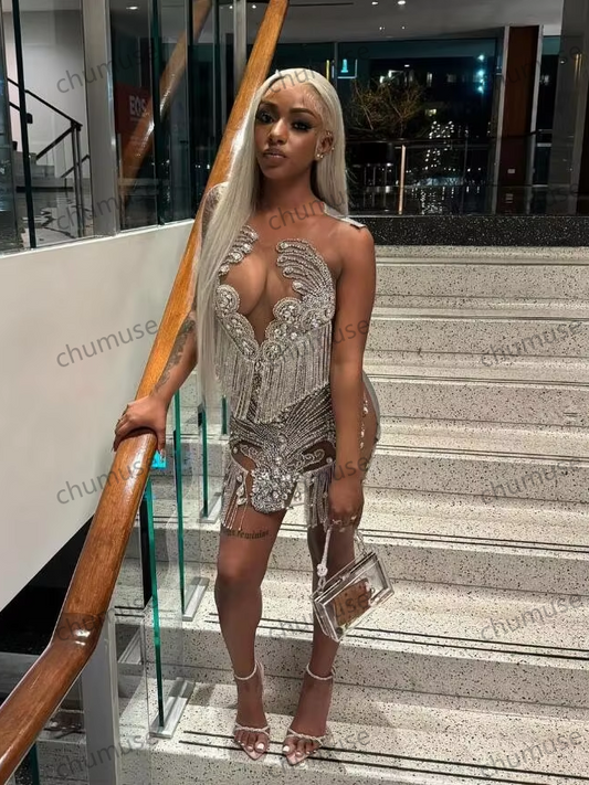 Minivestido de cóctel de noche con diamantes plateados para niña negra, de lujo, con borlas de diamantes, de malla transparente, para fiesta de cumpleaños y gala.