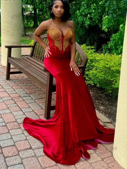 Robe de bal sexy rouge et noire pour filles, en dentelle dorée, avec appliques et perles, tenue de soirée formelle africaine 