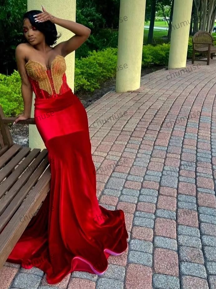 Robe de bal sexy rouge et noire pour filles, en dentelle dorée, avec appliques et perles, tenue de soirée formelle africaine 