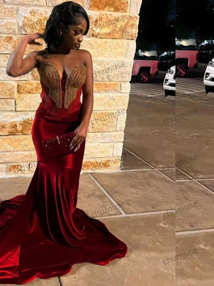 Robe de bal sexy rouge et noire pour filles, en dentelle dorée, avec appliques et perles, tenue de soirée formelle africaine 
