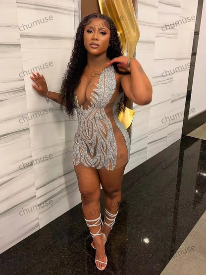 Robe de soirée courte afro-américaine Gillter en maille transparente scintillante pour fille noire, robe de cocktail, perles argentées et cristaux 