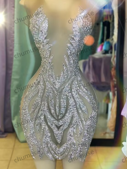 Robe de soirée courte afro-américaine Gillter en maille transparente scintillante pour fille noire, robe de cocktail, perles argentées et cristaux 