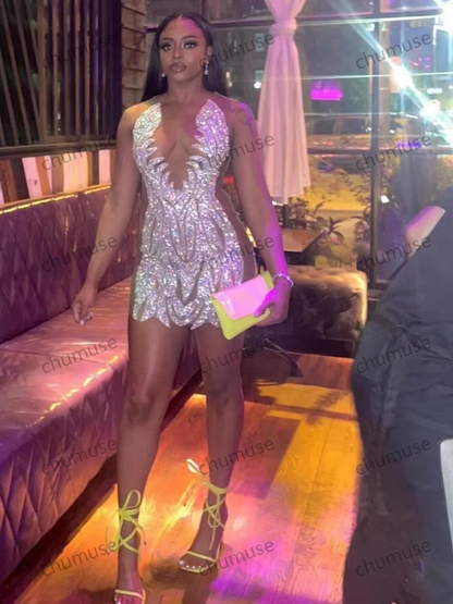 Robe de soirée courte afro-américaine Gillter en maille transparente scintillante pour fille noire, robe de cocktail, perles argentées et cristaux 