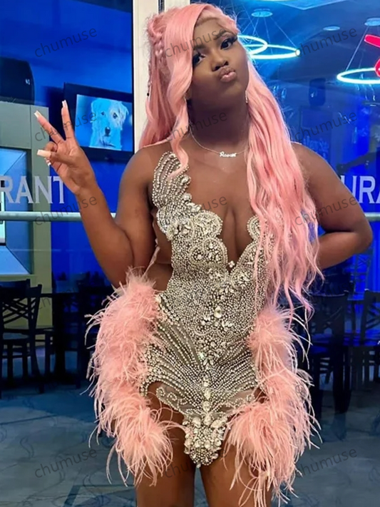 Vestido curto de baile com cristais rosa brilhantes para meninas negras, vestido de coquetel para formatura, vestido de aniversário com penas