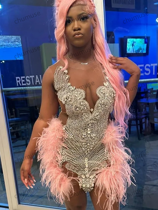 Vestido curto de baile com cristais rosa brilhantes para meninas negras, vestido de coquetel para formatura, vestido de aniversário com penas