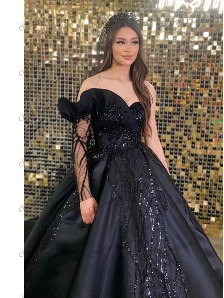 Vestido de noiva preto com decote em V, manga longa, apliques de lantejoulas, vestido de baile formal, festa elegante, vestidos de noiva
