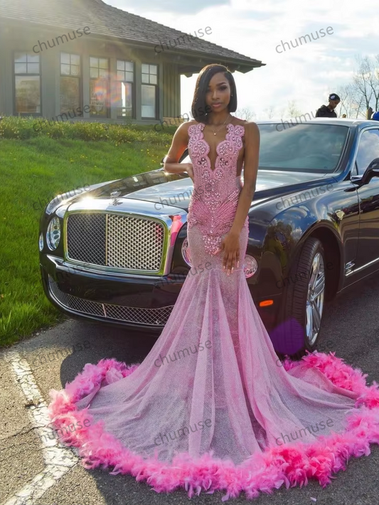Vestidos de baile luxuosos com penas rosa para meninas negras, com contas de cristal, vestidos de festa para mulheres africanas