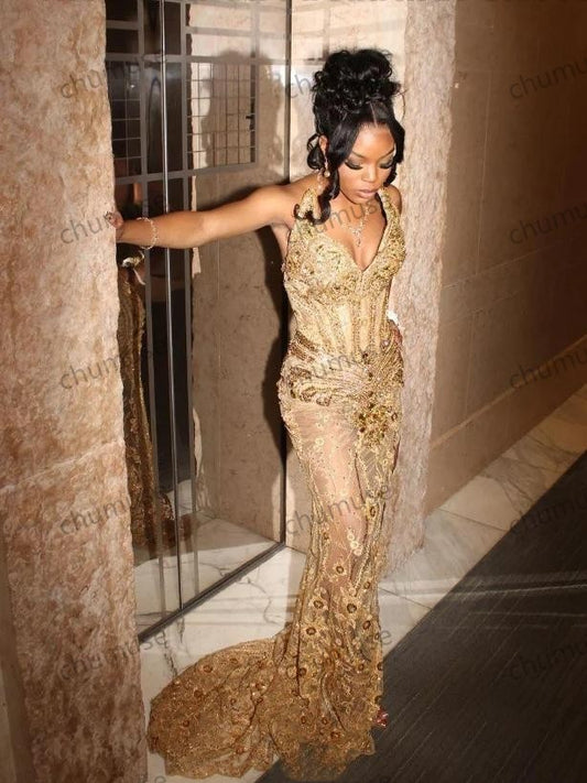 Vestidos de cóctel sexys con apliques dorados para niñas negras, con diamantes de imitación, purpurina, perlas y lentejuelas, vestidos de fiesta, nuevos vestidos largos con cuello halter.