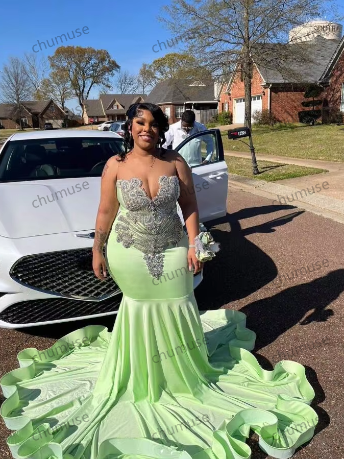 Vestidos formais de baile de sereia verde menta brilhante para meninas negras, vestido de festa de aniversário de luxo com diamantes, tamanho grande