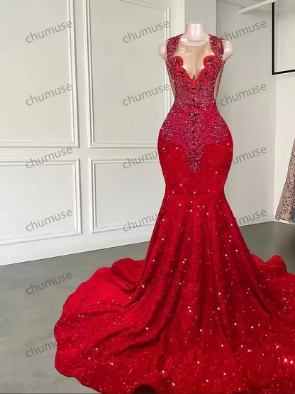 Robe de bal longue bordeaux pour filles noires, style sirène, transparente, paillettes, perles et cristaux, robe de soirée d'anniversaire, personnalisée
