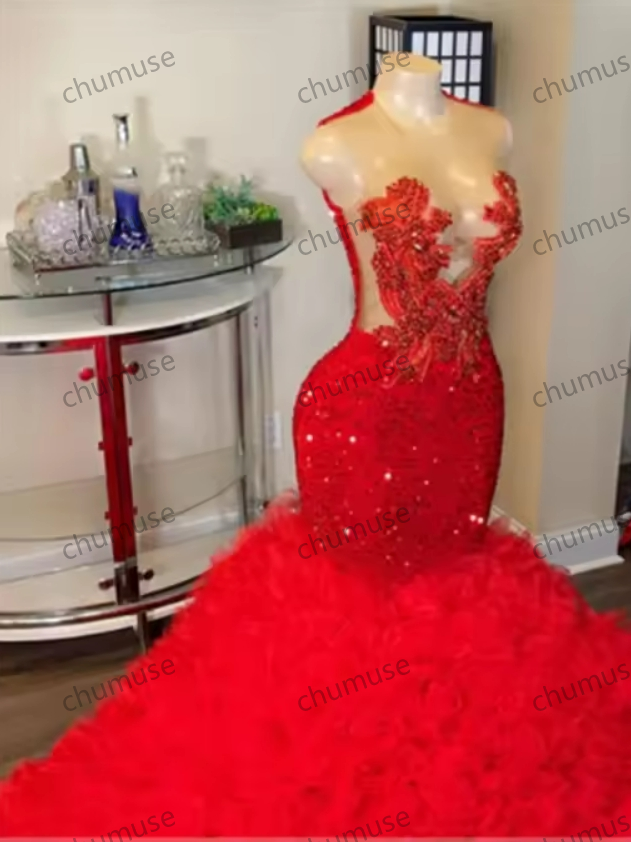 Robe de bal sirène rouge en tulle et cristal perlé, avec traîne froncée, pour filles noires, robe de mariée personnalisée