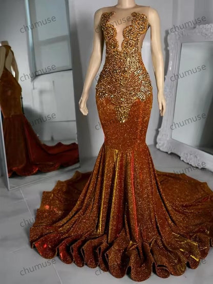 Vestido largo de sirena naranja de lujo para fiesta de graduación para niñas negras, cuello redondo, cuentas y cristales, vestido para fiesta de cumpleaños, vestido de noche para mayores.