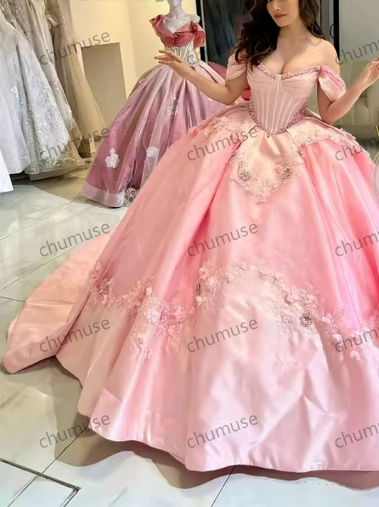 Vestidos de quinceanera com miçangas rosa, vestido de baile, apliques, vestido de princesa, ombro de fora, renda, vestido para ocasiões especiais personalizado