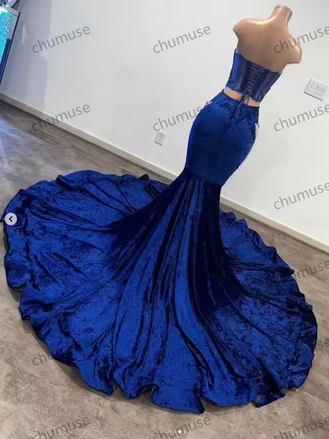 Robe de bal sirène bleue africaine pour femmes, luxueuse robe de soirée en maille transparente avec perles et cristaux