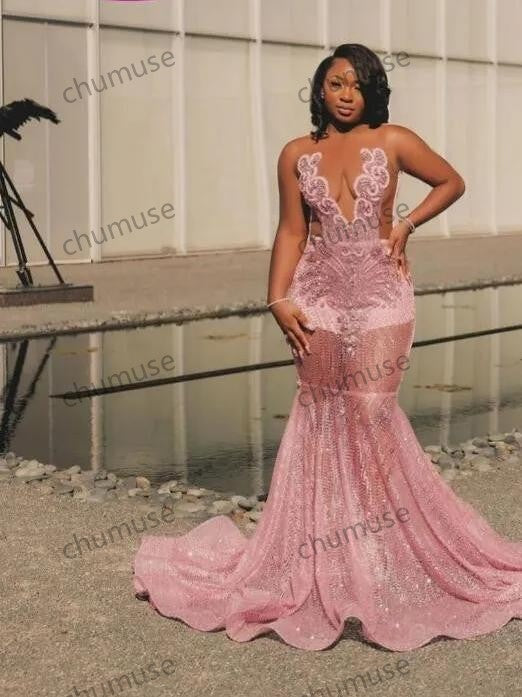Vestidos formais de noite estilo sereia rosa blush brilhante para meninas negras, luxuosos, diamantes Gillter, vestido de festa de aniversário, transparente