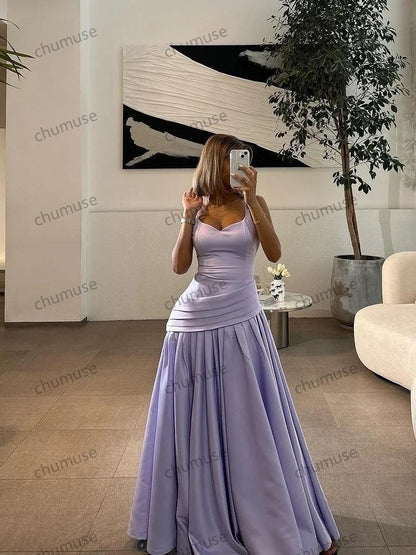Robes de bal lilas sans manches en satin, robes de soirée formelles, robes de bal